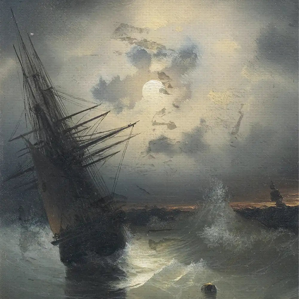 Painting of a ship struggling against turbulent waves under a dramatic sky illuminated by a full moon.