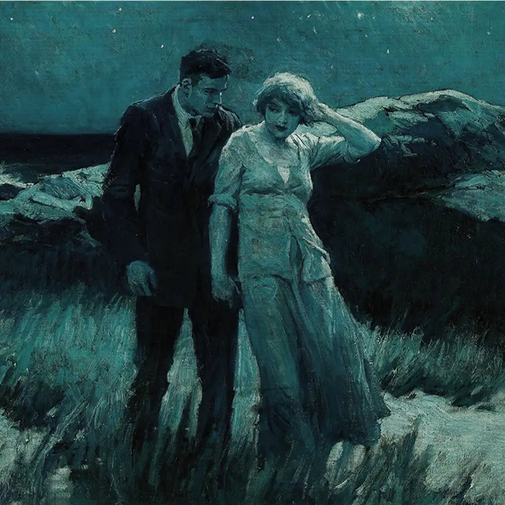 A romantic night scene featuring a couple walking hand in hand, depicted in deep blue tones against a backdrop of rocks and grass.