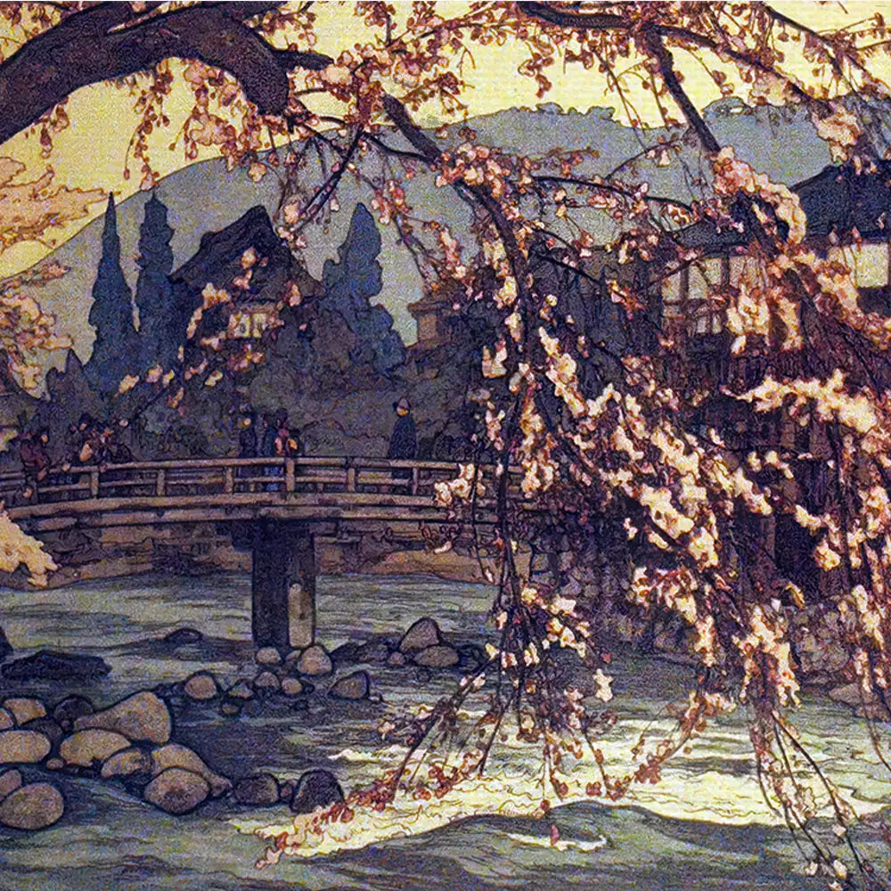 Cherry blossom painting featuring a serene landscape with a bridge, riverside rocks, and soft hues of dusk.