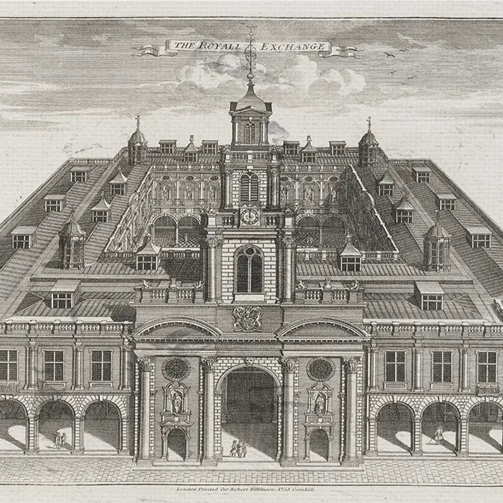 Engraving of The Royal Exchange, featuring architectural details and people in front of the building, suitable for historical art display.
