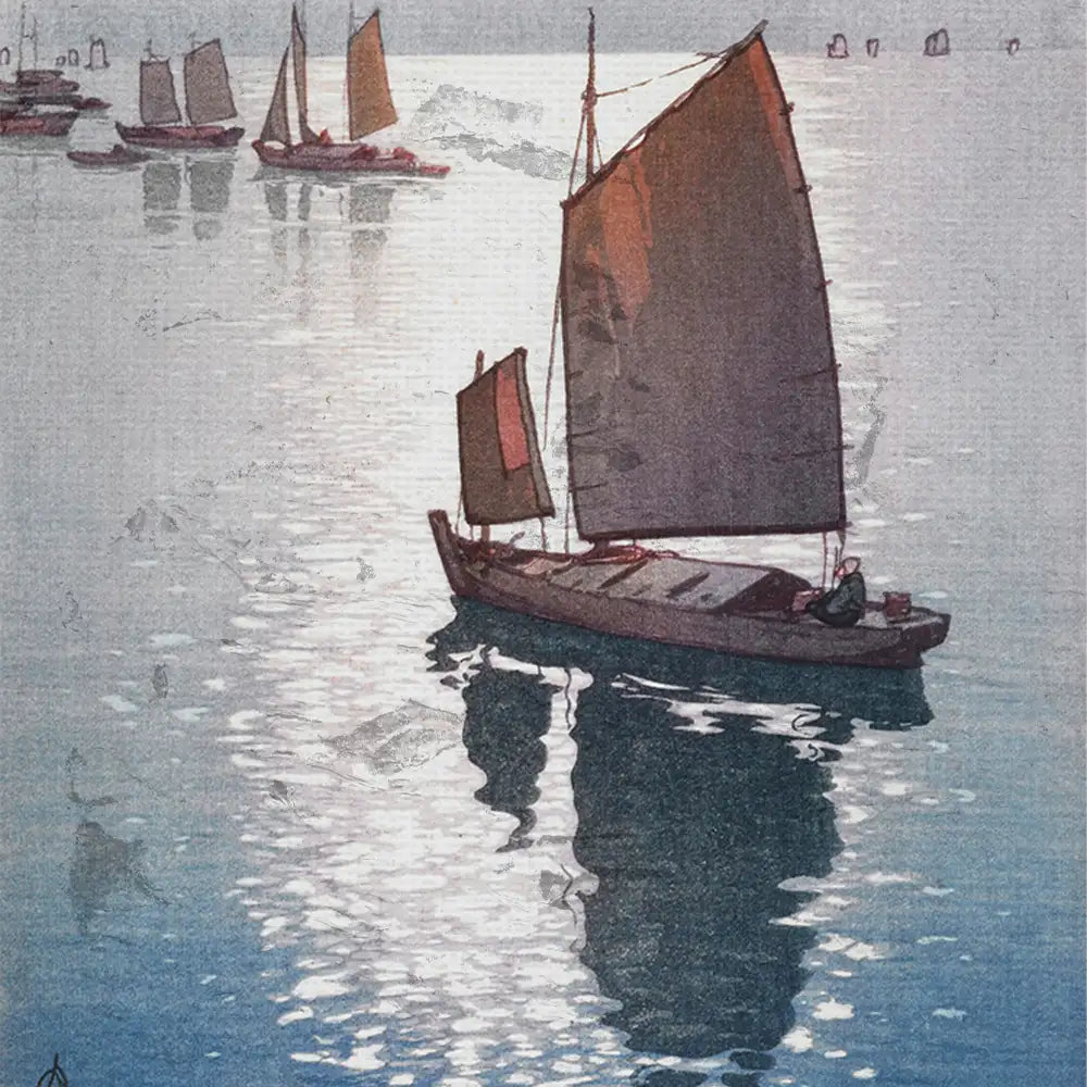 A serene painting depicting a sailing boat with red sails gliding over shimmering water, surrounded by other boats in the distance.