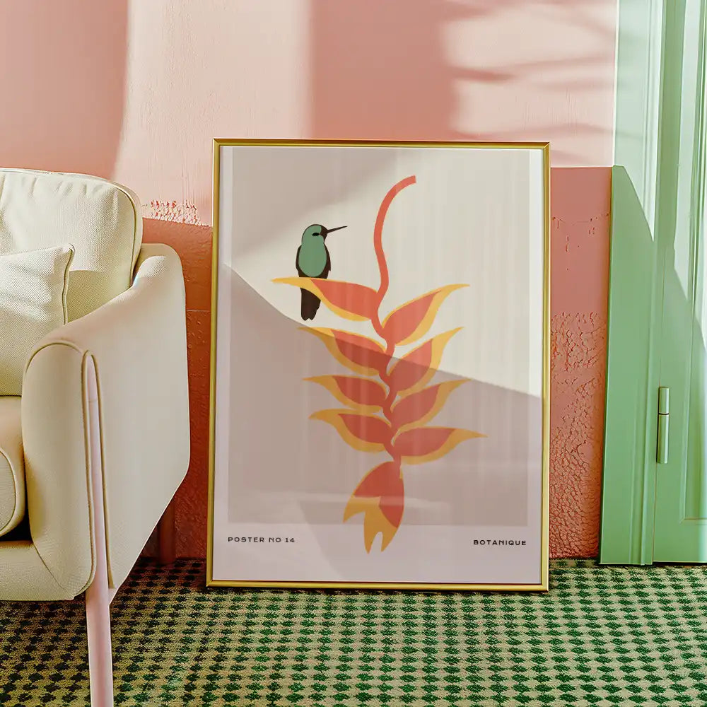 Modern botanical poster featuring a vibrant tropical plant and hummingbird, framed and displayed in a stylish interior setting.