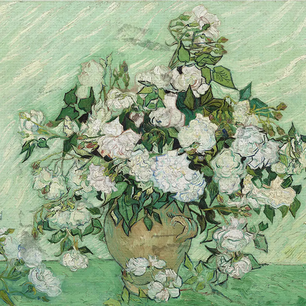 A vibrant painting of a vase filled with white roses set against a light green background, showcasing intricate brush strokes and textures.