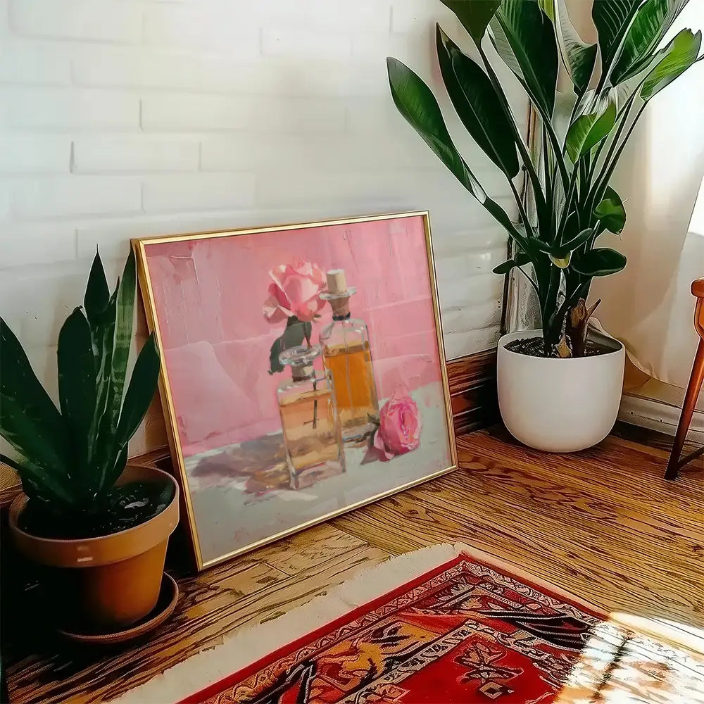 Modern poster of a classic painting featuring elegant perfume bottles and a pink rose, set in a stylish home interior with plants and wooden flooring.