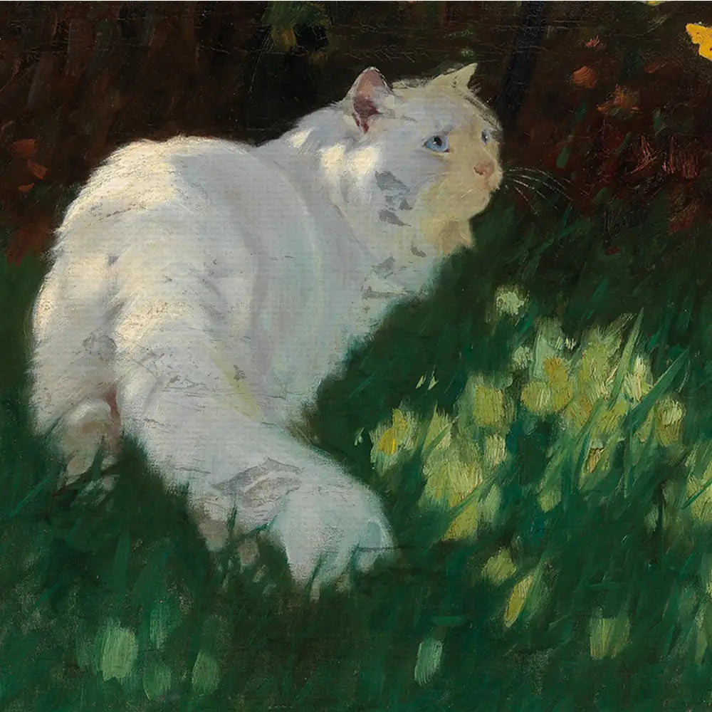 Painting of a white cat sitting in lush green grass with scattered yellow flowers, showcasing its blue eyes and serene expression.