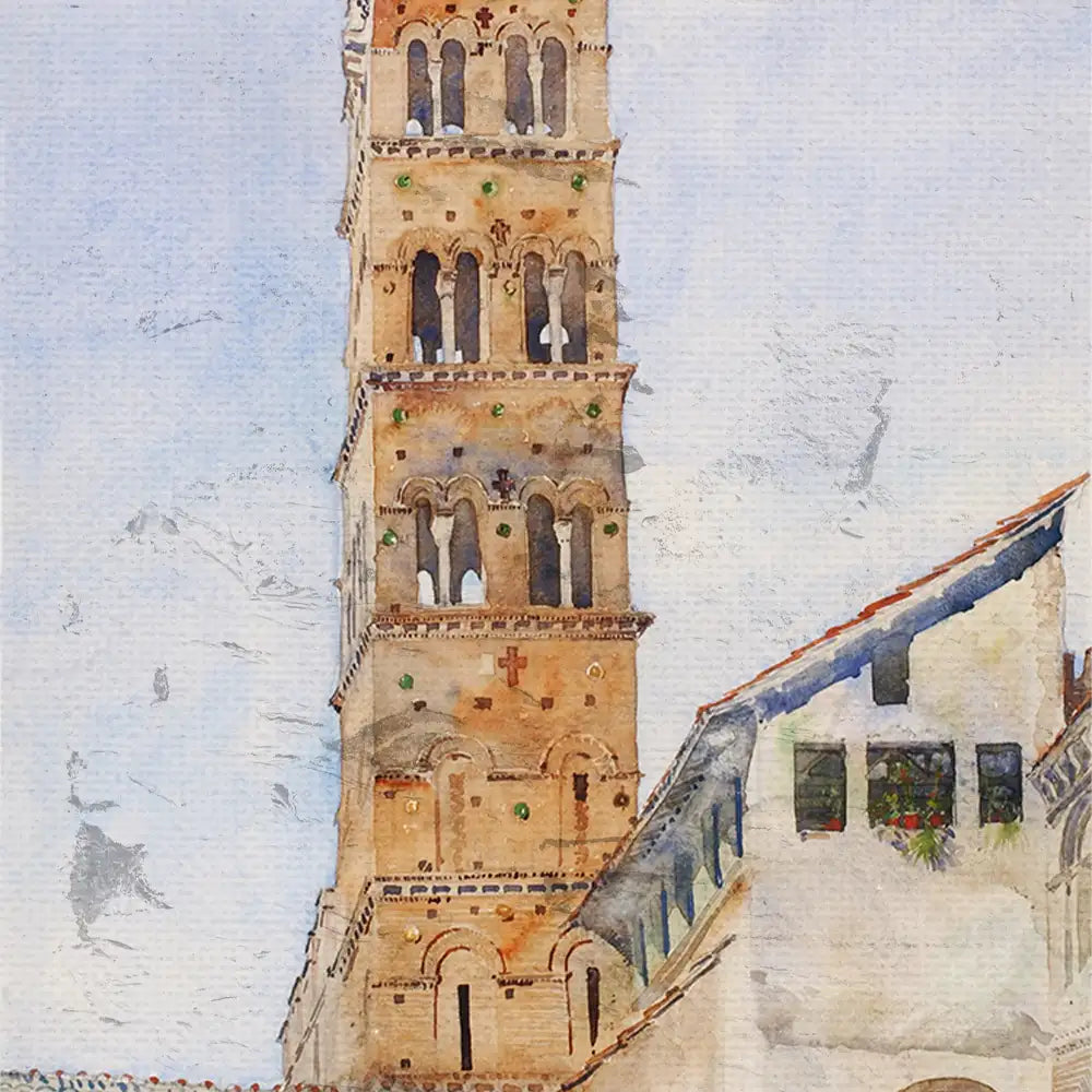 Watercolor painting of a tall, historical bell tower with intricate architecture against a light blue sky.