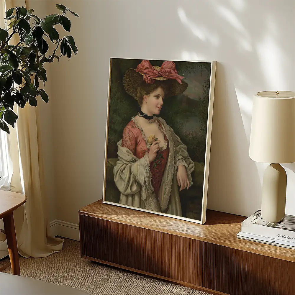 Victorian-style portrait of a woman in a hat and elegant clothing, displayed on a wooden cabinet in a cozy living room setting.