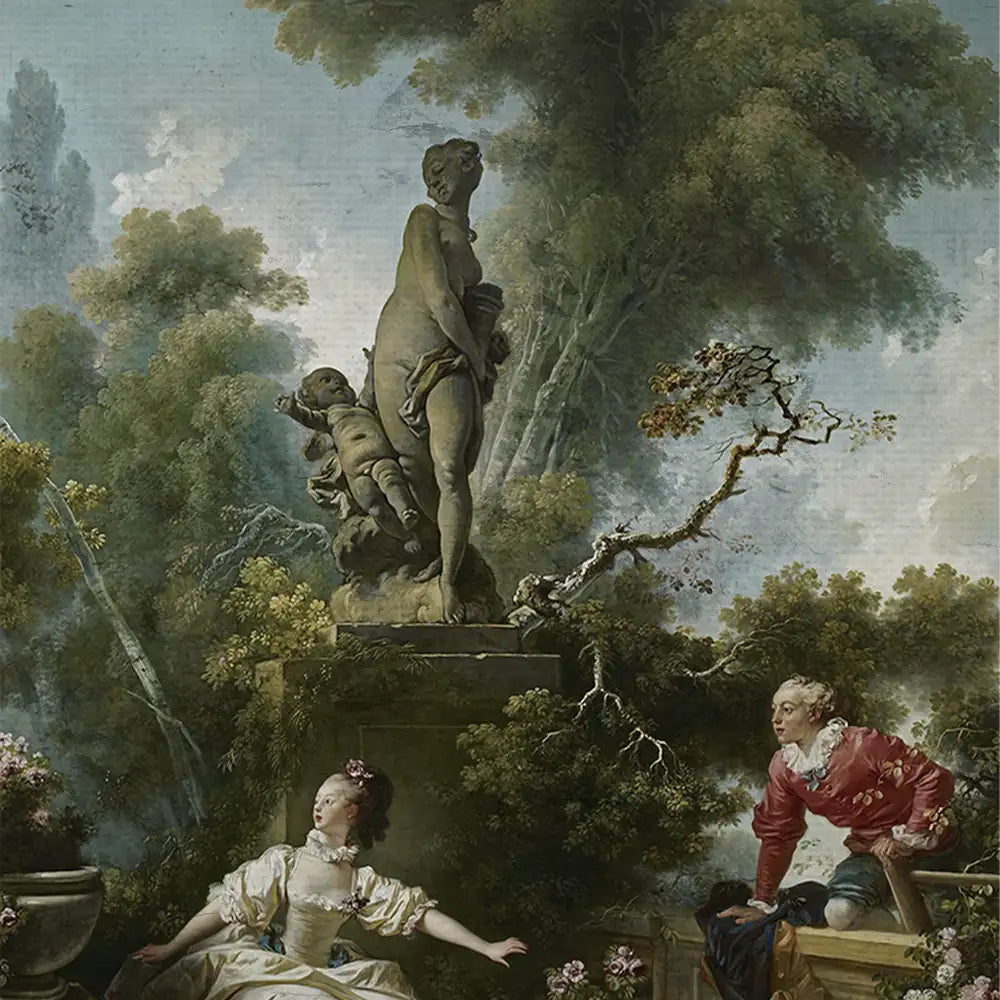 A classical painting depicting a nude female figure standing beside a cherub, with a woman in period attire seated in a lush garden, accompanied by a man in historical costume.
