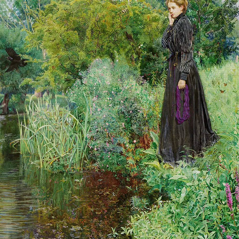 Painting of a woman in a black dress standing by a tranquil pond surrounded by lush greenery and colorful flowers, with a thoughtful expression and holding a purple item.