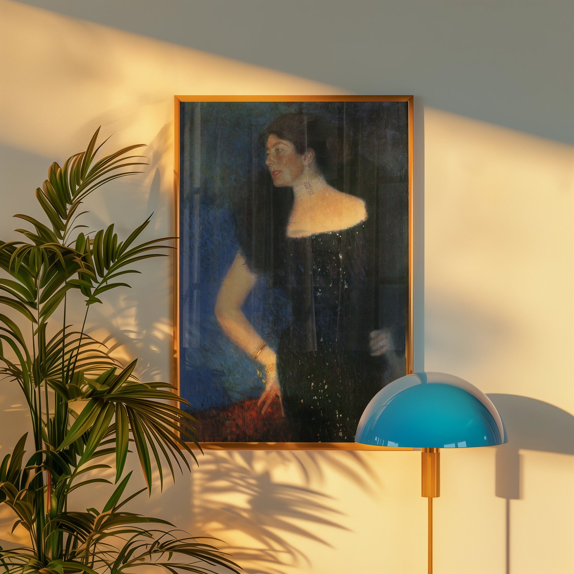 A stylish portrait painting of a woman in a black dress, framed in wood, displayed on a wall next to a modern teal lamp and surrounded by greenery.