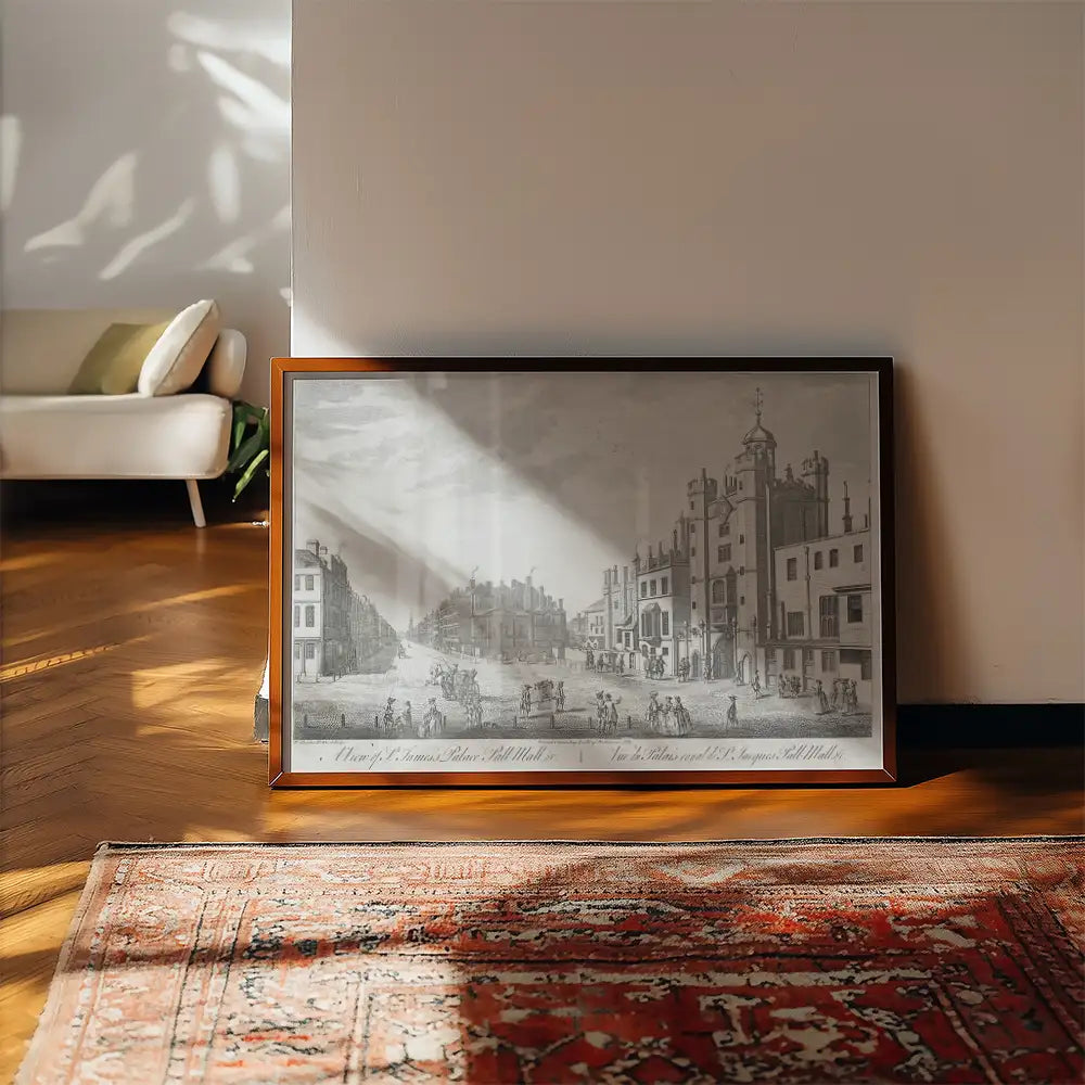 Framed black and white painting of a historical city scene displayed on a wooden floor next to a vintage rug.