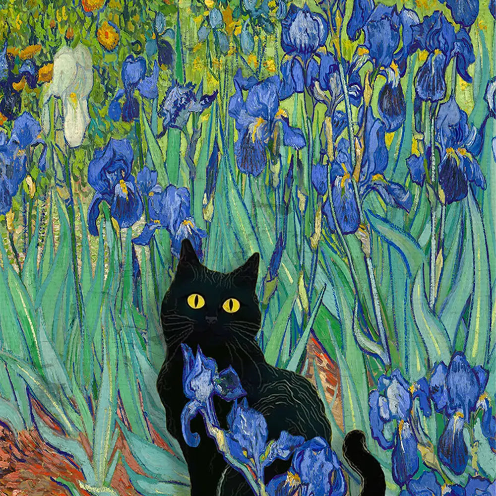A black cat with bright yellow eyes sits among vibrant blue irises and green foliage in an artistic painting.