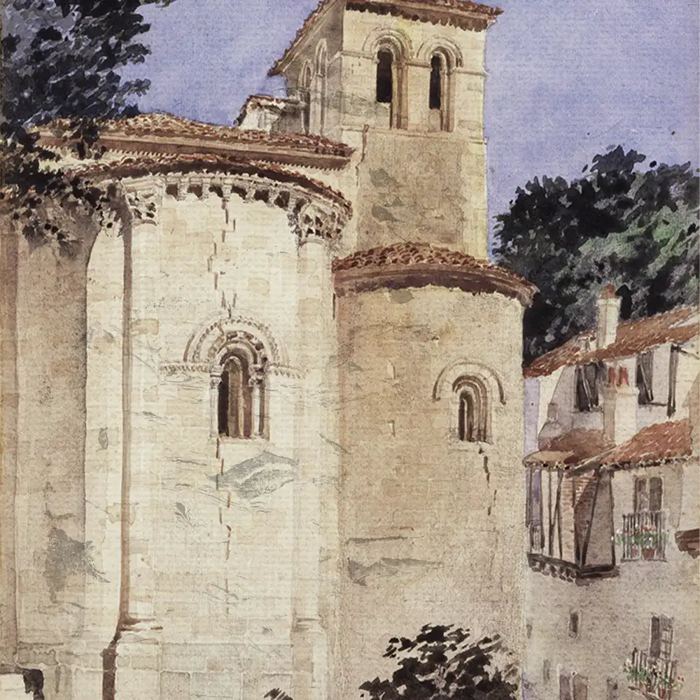 Watercolor painting of a historic church with arched windows and a bell tower, surrounded by trees and quaint houses.