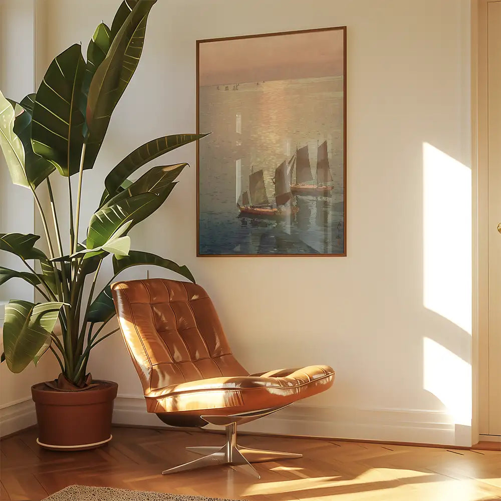 A cozy interior featuring a stylish brown chair, a large potted plant, and a framed painting of sailboats on water.