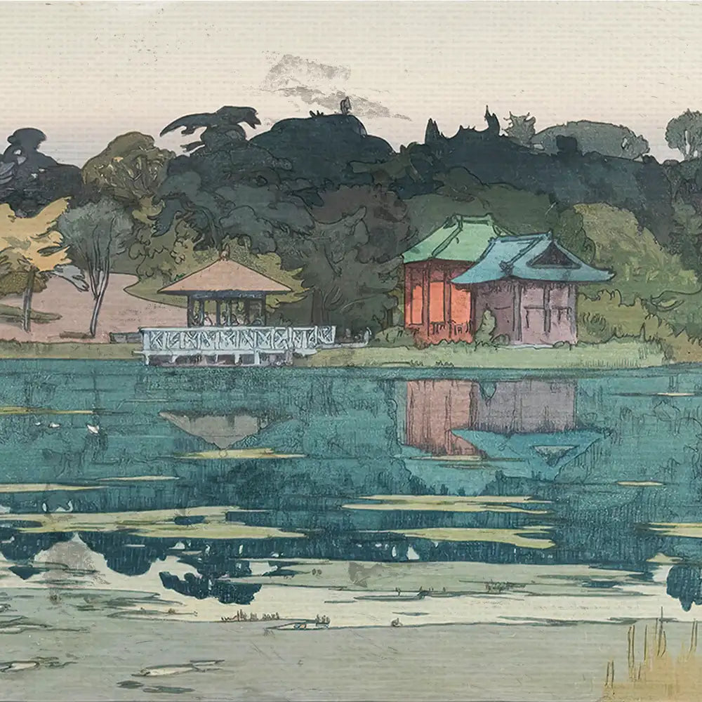 Serene landscape painting featuring two traditional Asian-style pavilions beside a calm lake, surrounded by lush trees and reflecting waters.