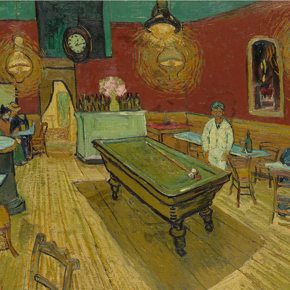 Interior scene of a bar with a green billiard table, wooden chairs, and a figure in white attire, surrounded by bottles and a wall clock, depicted in vibrant colors with textured brushstrokes.