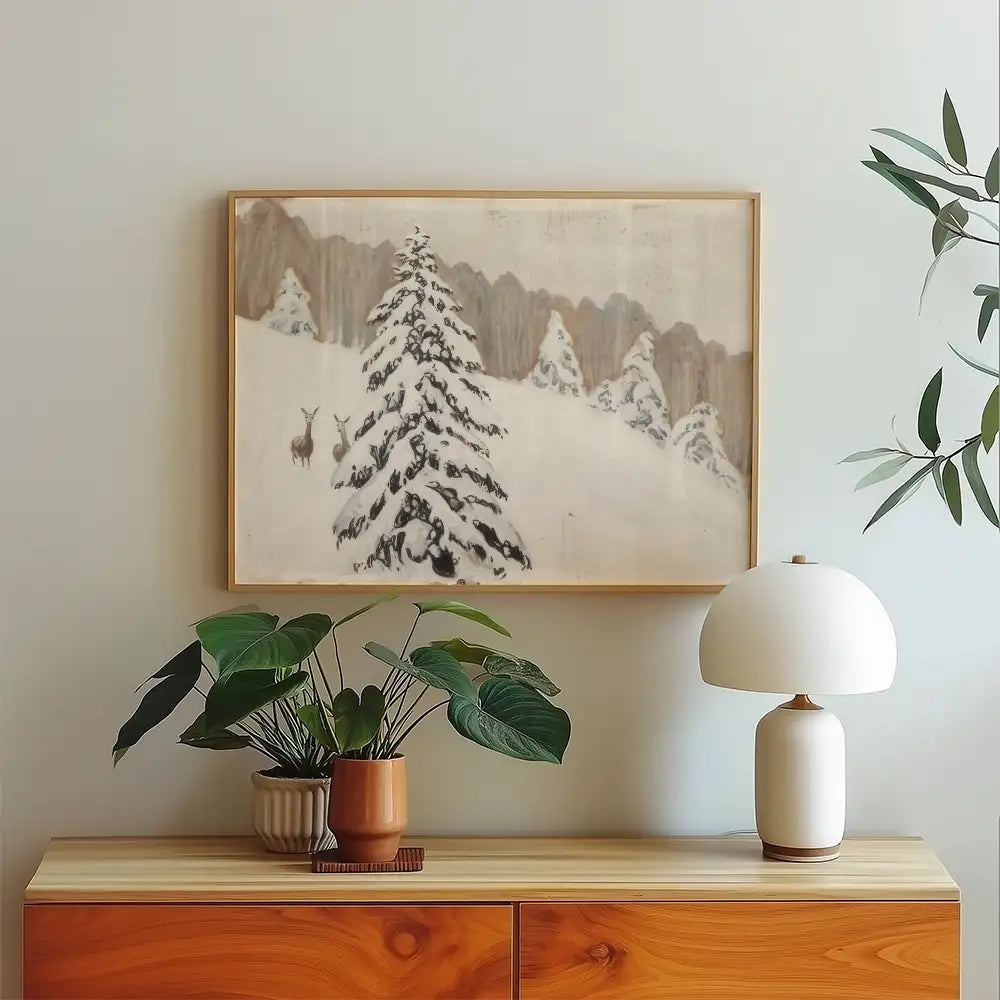 Framed painting of snowy trees and deer hanging on a light-colored wall above a wooden dresser with plants and a lamp.
