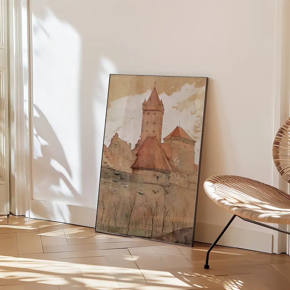 Watercolor painting of a castle with a reddish roof displayed in a modern living space beside a woven chair.