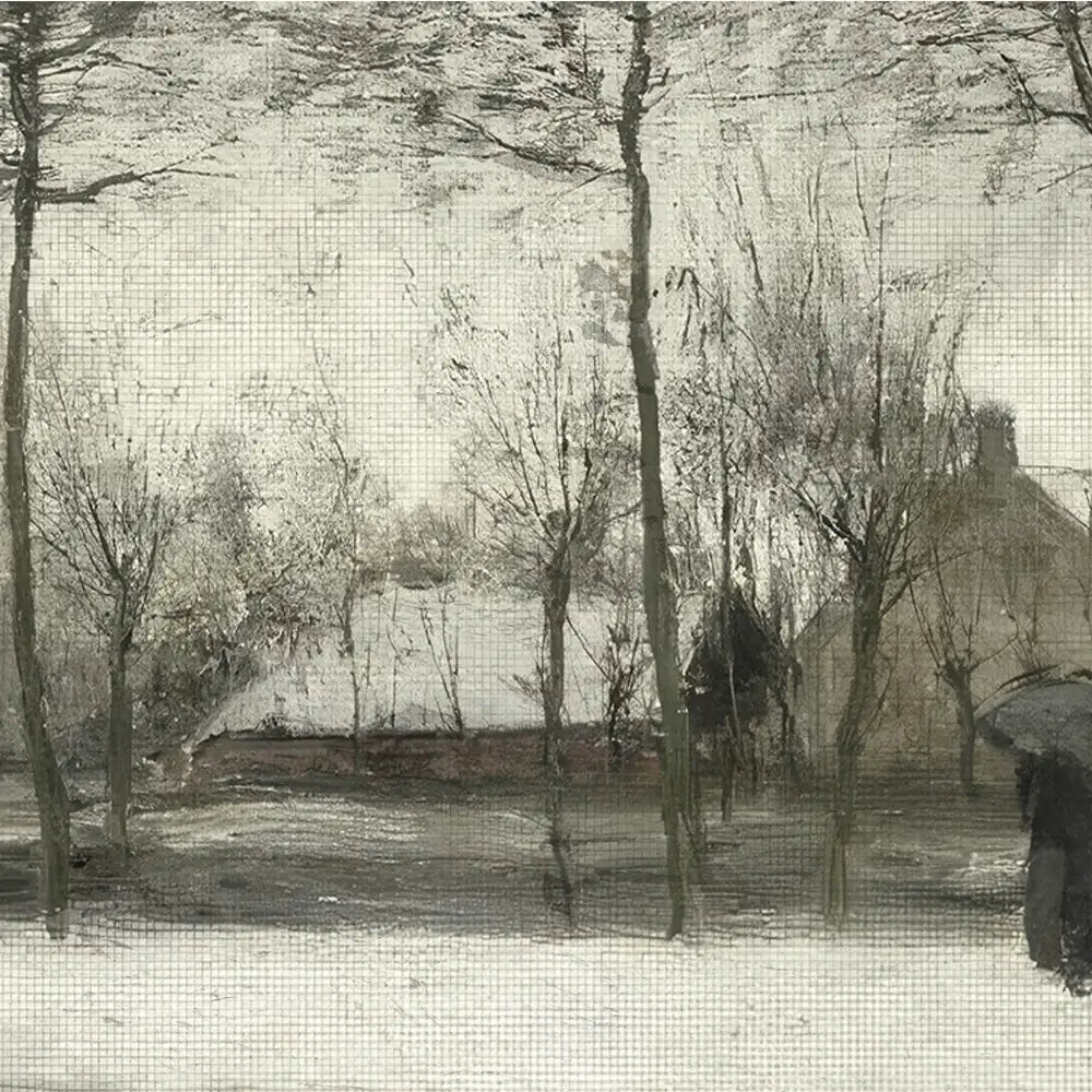 Painting of a winter landscape featuring bare trees and a snow-covered ground, with a distant house partially obscured by trees.