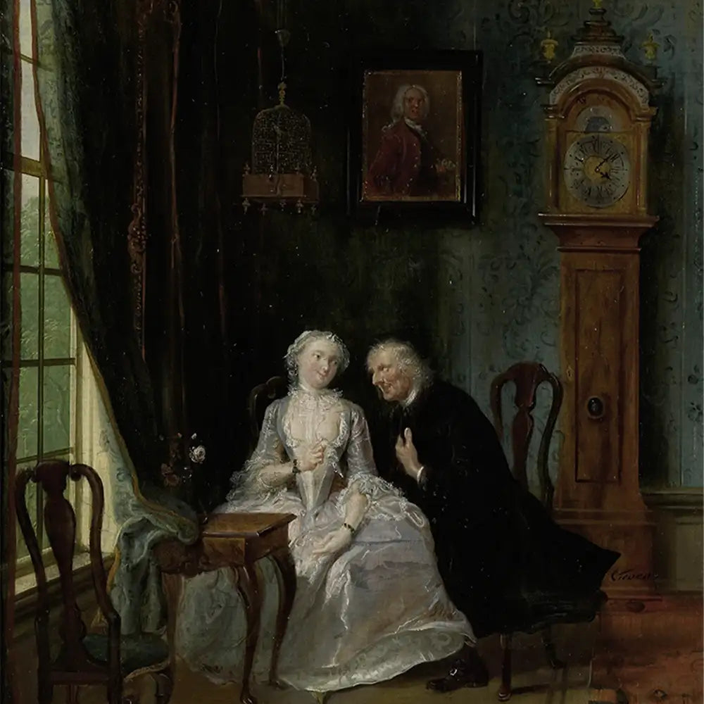 A romantic scene depicting a couple in an elegant, dimly lit room with vintage decor, featuring a clock and a portrait on the wall.