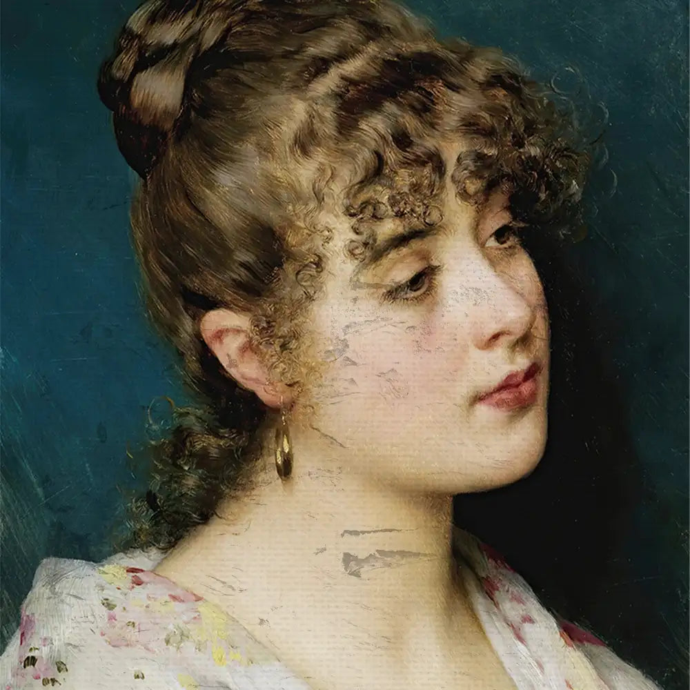 Portrait of a young woman with curly hair and earrings against a dark blue background.