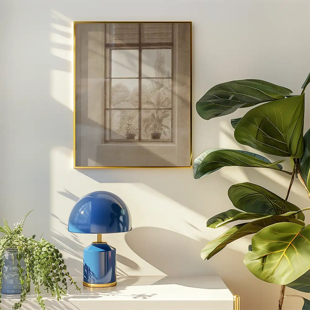 Painting of a window with a view of greenery, framed in gold, displayed on a light wall alongside a blue lamp and a potted plant.