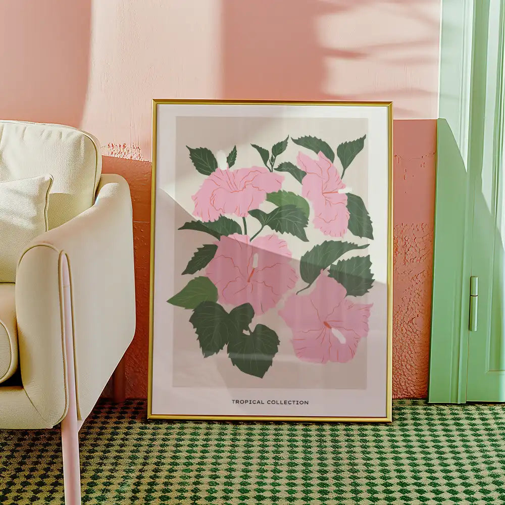 Modern poster of pink hibiscus flowers in a contemporary design, part of the Tropical Collection, displayed in a stylish interior setting.