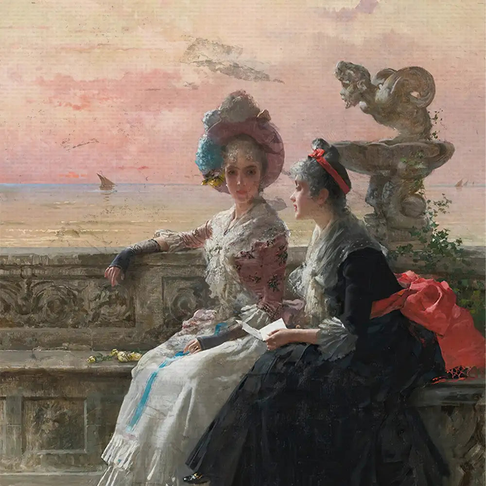 Painting of two elegantly dressed women seated on a stone railing overlooking a tranquil seascape at sunset.