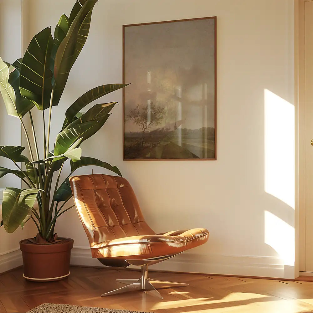 A cozy seating area featuring a leather chair, a large leafy potted plant, and a framed landscape painting on the wall.