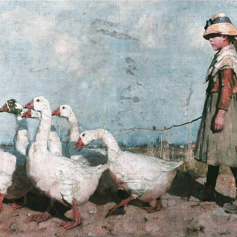 A child in a straw hat guiding a flock of white geese against a blue sky background in a vintage painting.