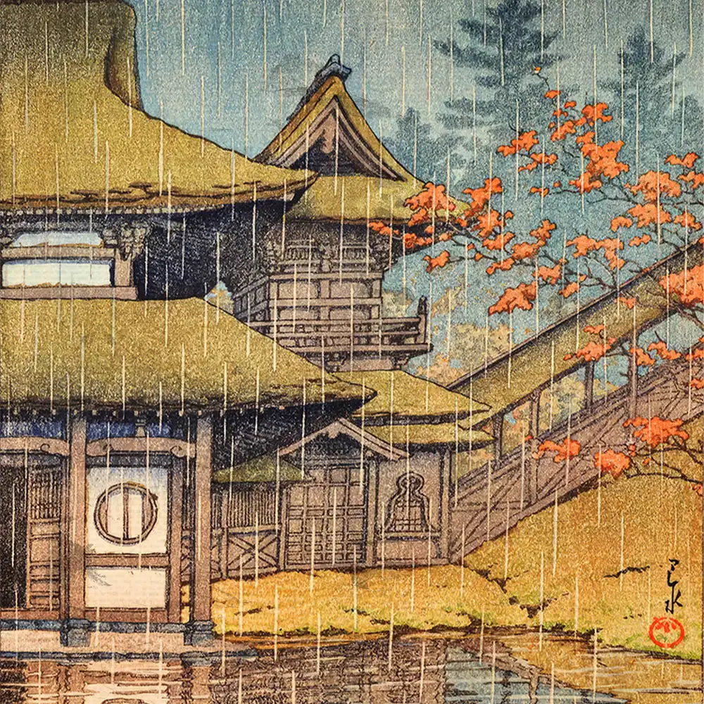 Traditional Japanese landscape painting featuring a thatched-roof building amidst falling rain and autumn foliage.