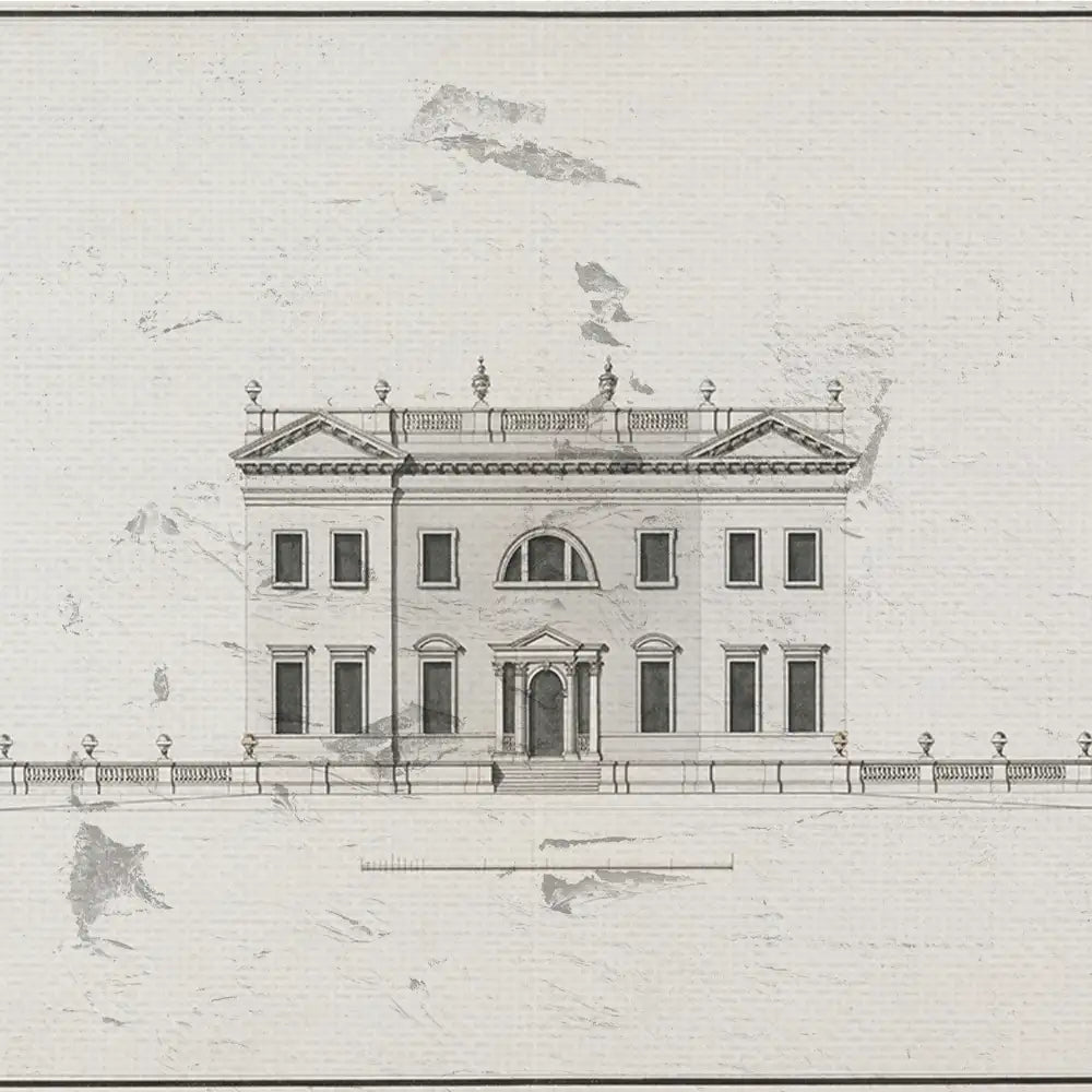 Architectural drawing of a classical building facade with a central entrance, multiple windows, and decorative elements.