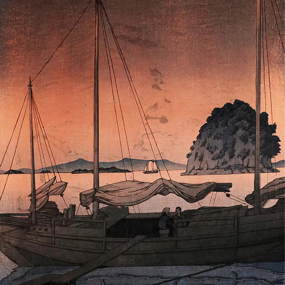 Painting of sailing ships at sunset with rocky island and distant mountains in the background.