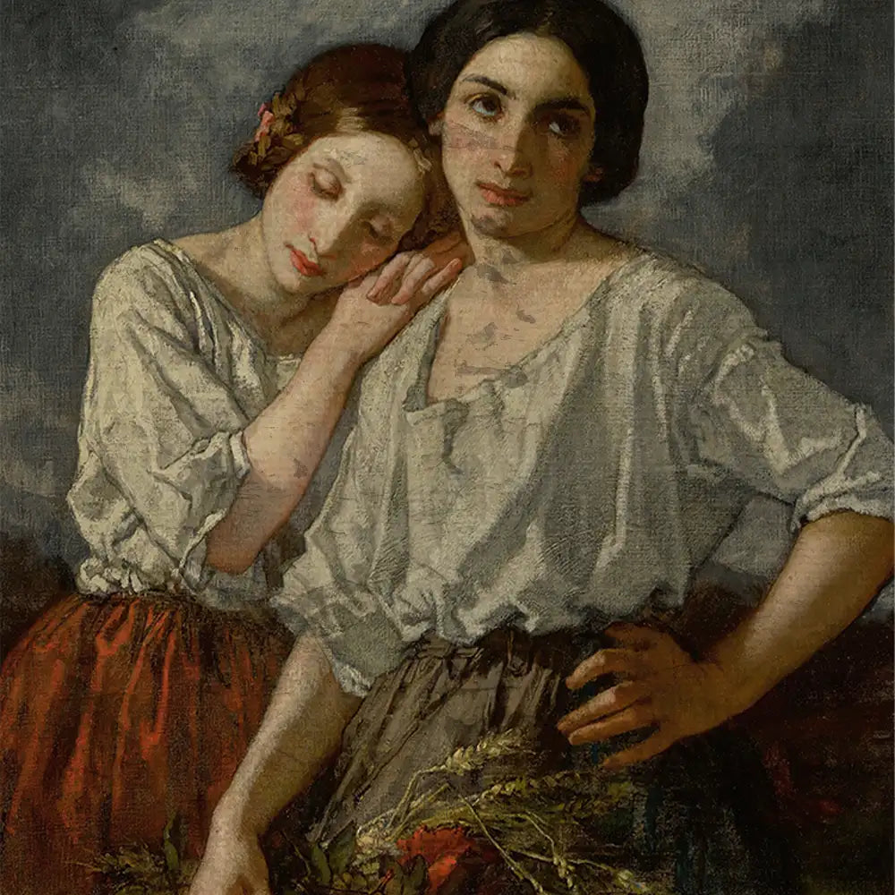A painting of two women in rustic clothing, one gently resting her head on the other's shoulder, against a dark, cloudy background.