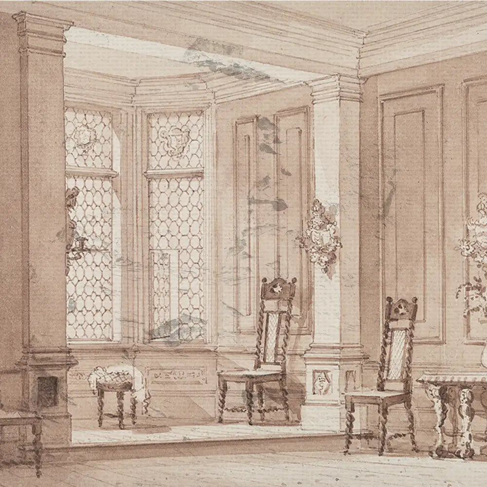 Illustration of an elegant interior showcasing vintage chairs, intricate window designs, and classic architectural elements in a sepia-toned style.