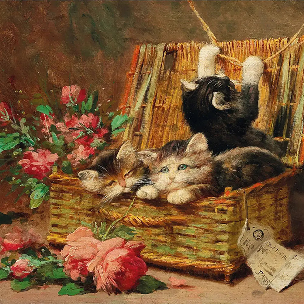 Painting of three playful kittens in a wicker basket surrounded by pink roses.