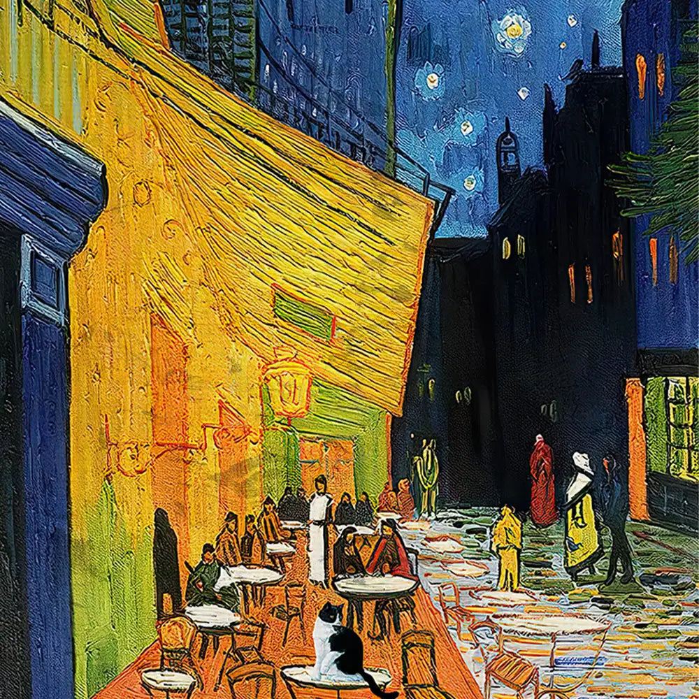 Painting of a vibrant outdoor cafe scene at night, featuring a bright yellow awning, tables with patrons, a black and white cat, and a starry sky.