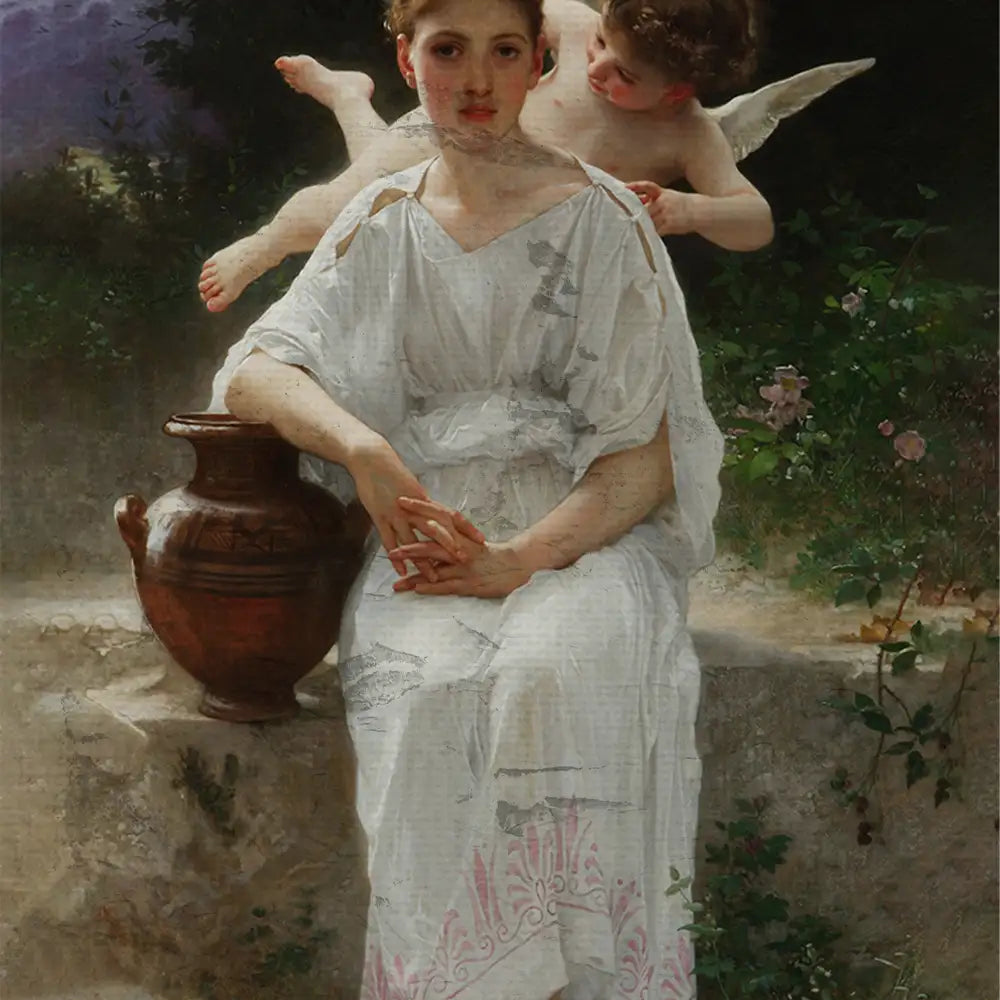 A young woman in a white dress sits beside an antique pot while a cherub playfully leans over her shoulder in a lush garden setting.