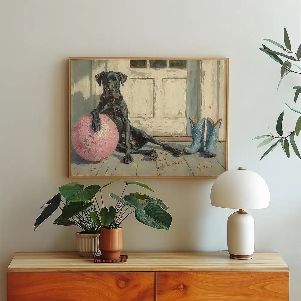 Modern reprint of a famous painting featuring a black dog lounging with a pink ball and blue cowboy boots in a cozy interior setting.
