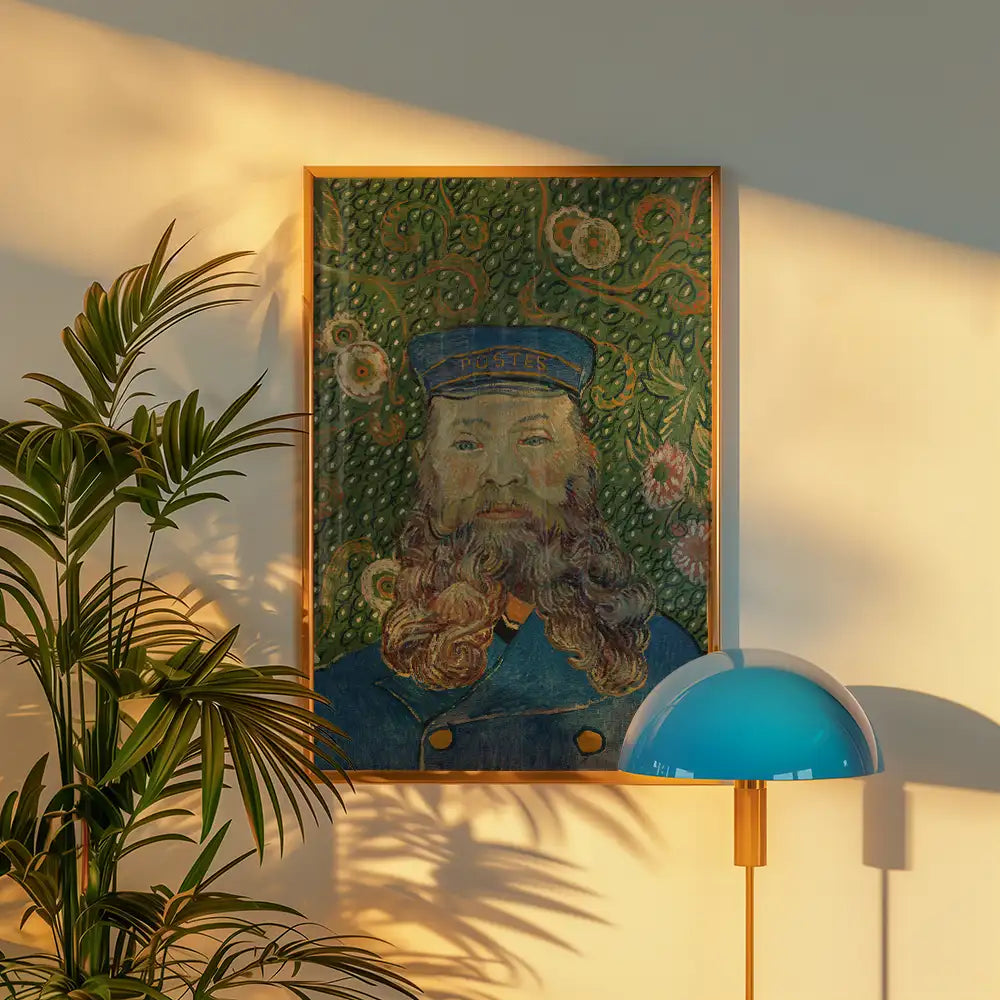 Framed painting of a man in a blue uniform with a cap, featuring intricate green and floral background, displayed beside a potted plant and a modern lamp.