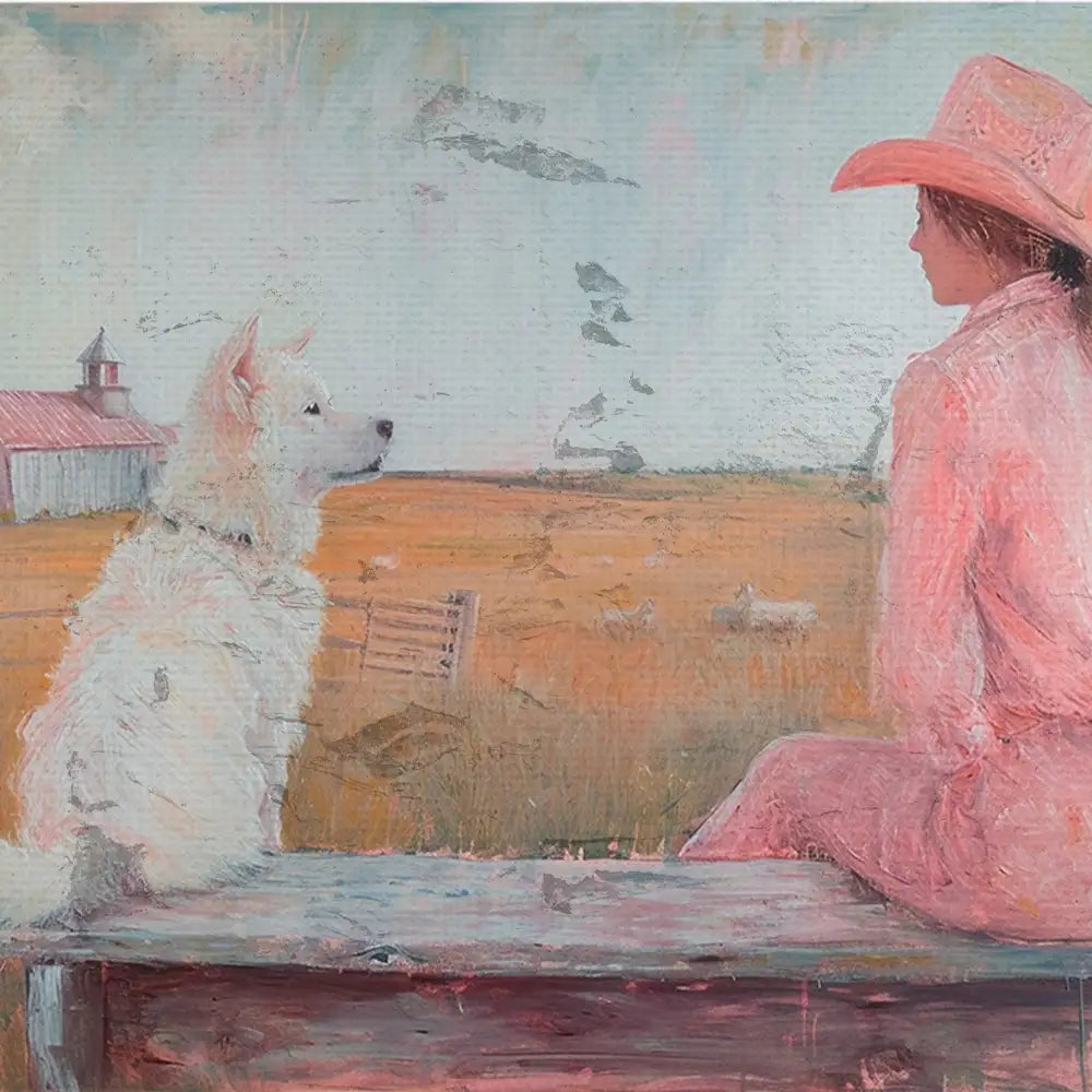 Modern reprint of a famous painting featuring a woman in a pink cowboy hat sitting on a bench with a white dog, overlooking a serene rural landscape with a barn and grazing sheep.