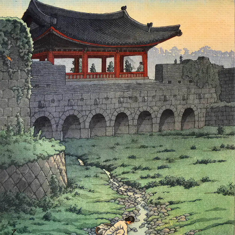 Traditional landscape painting featuring a stone wall, a Chinese pavilion with a red roof, and a figure near a stream in a grassy setting.