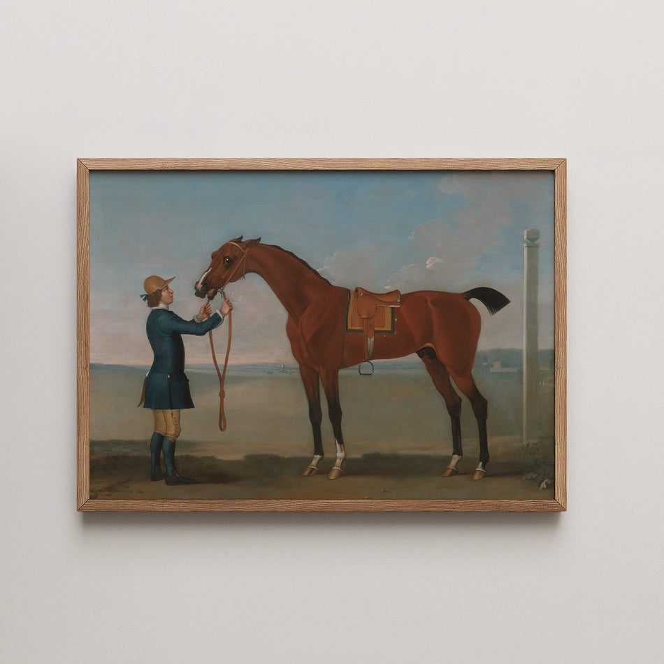 Painting of a young man in a blue coat and hat holding a horse's reins, with a brown horse standing beside him in a pastoral setting.