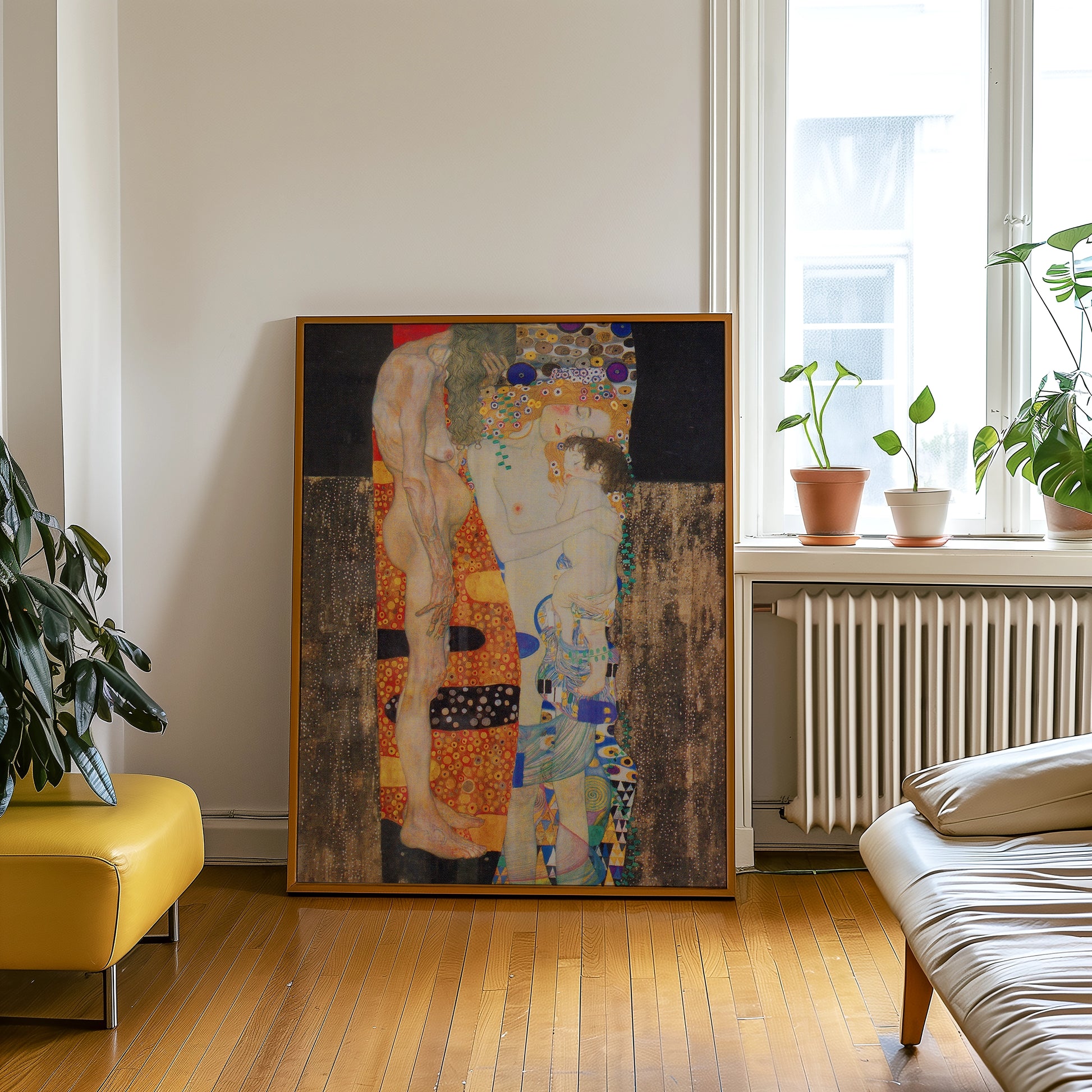 A framed painting featuring a couple in an intimate pose, surrounded by vibrant patterns and colors, displayed in a modern living room setting.