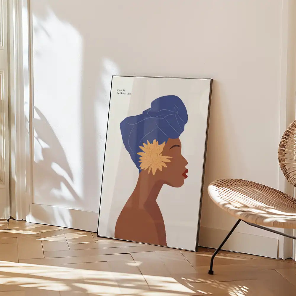 Modern art poster featuring a silhouette of a woman with a blue head wrap and a yellow flower, perfect for contemporary home decor.