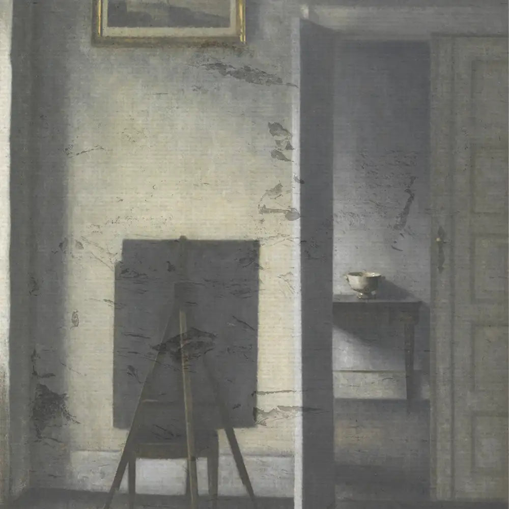 Painting of a dimly lit interior featuring an easel with a blank canvas, a small table with a bowl, and a doorway leading to another room.