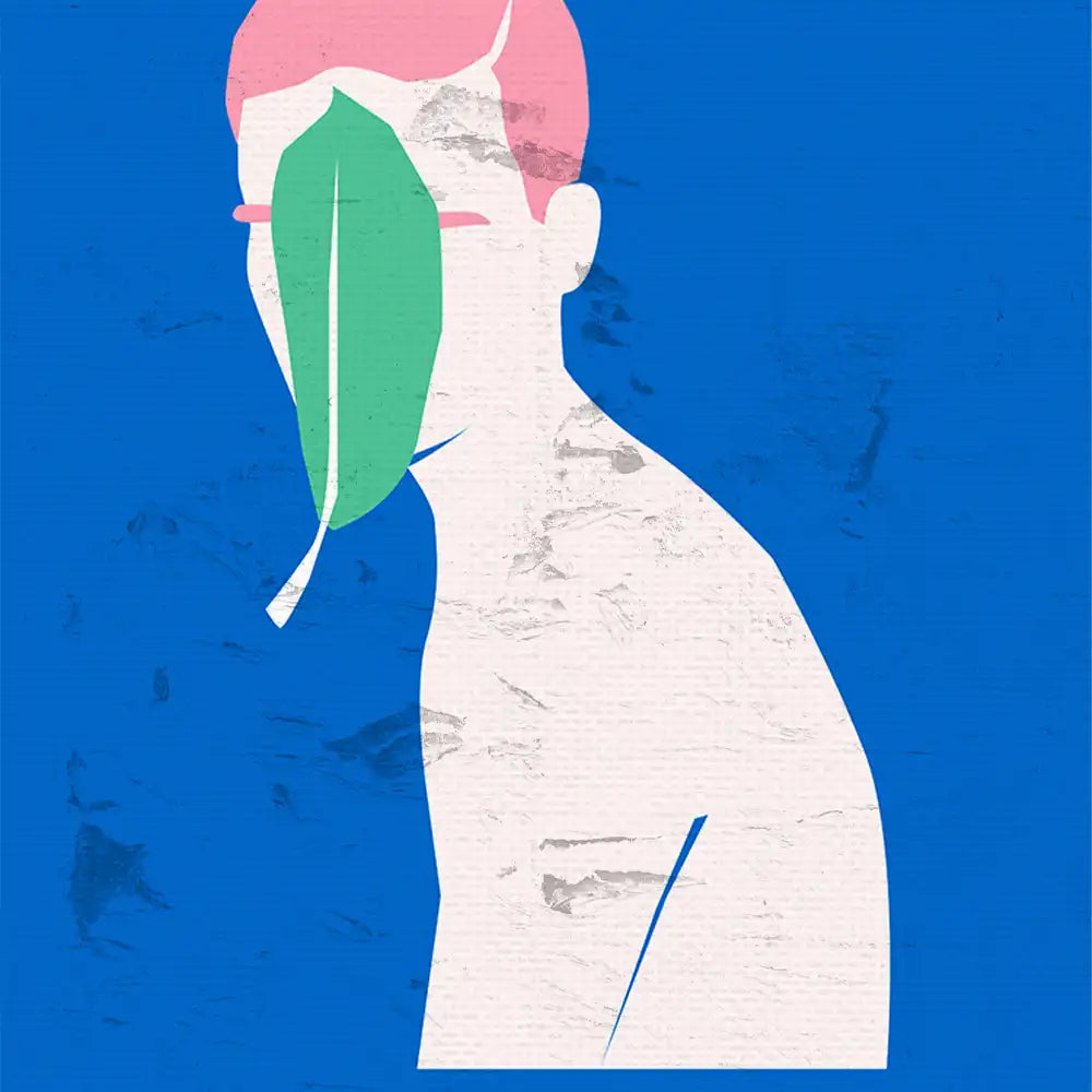 Modern poster featuring a stylized figure with a leaf covering part of the face against a vibrant blue background, ideal for contemporary art lovers.