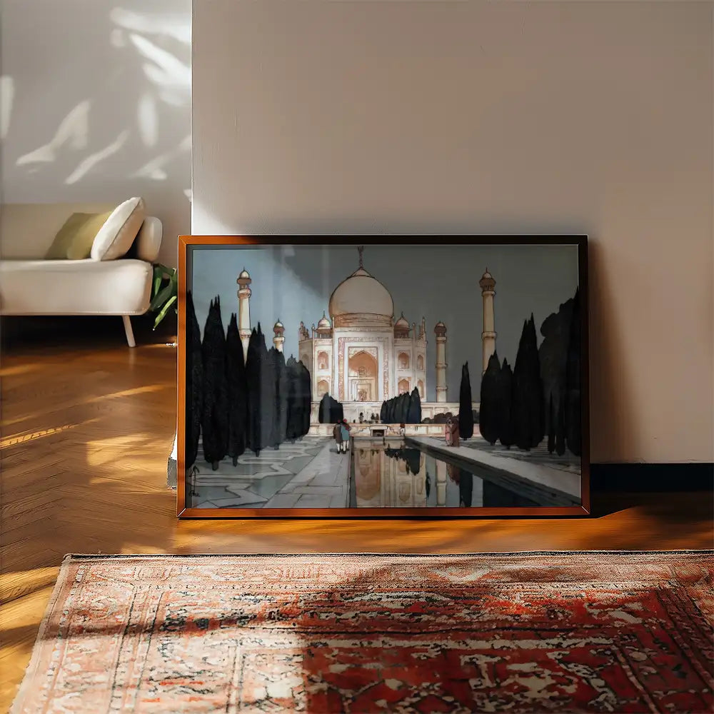 Framed painting of the Taj Mahal with cypress trees and a reflecting pool, set in a bright interior space.