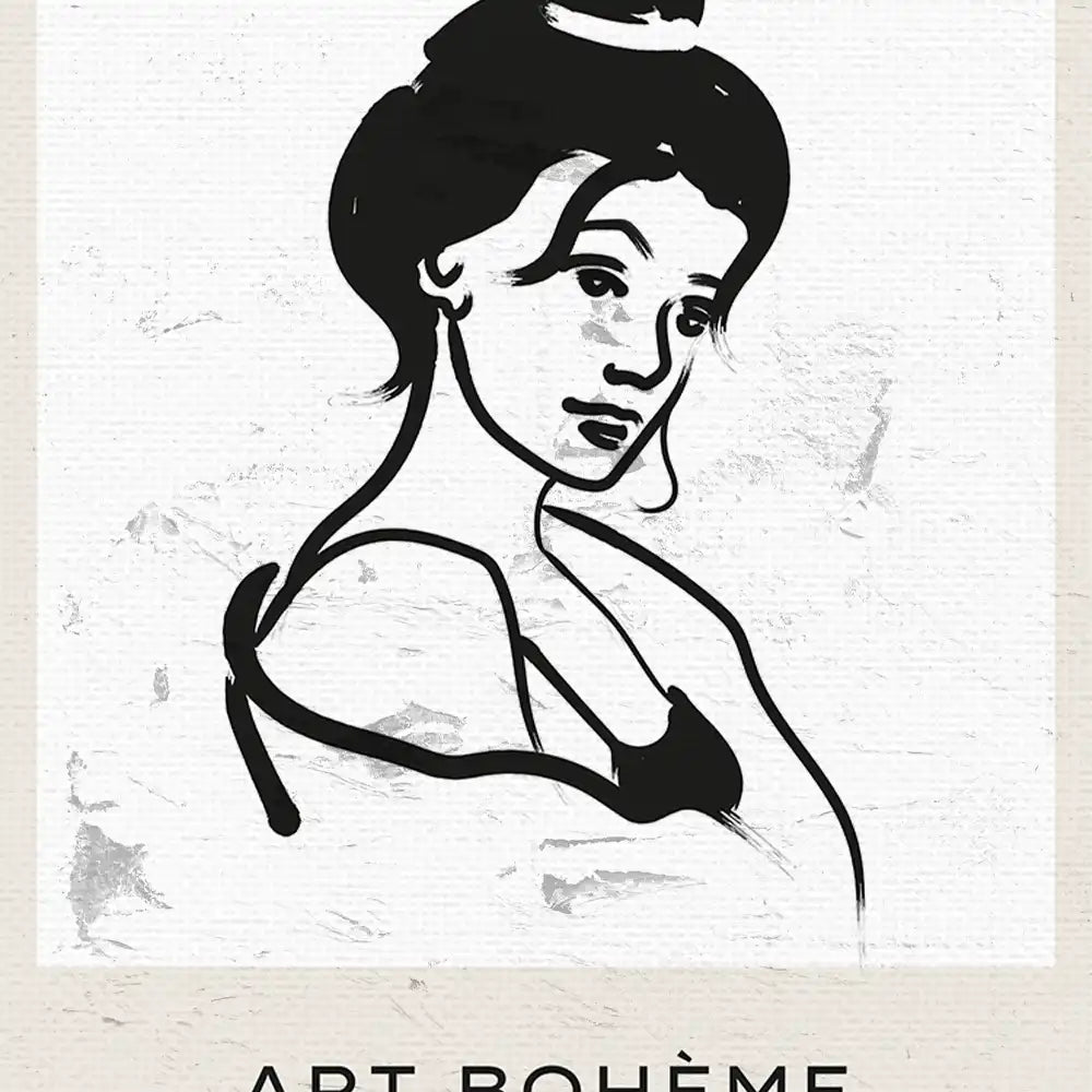 Modern reprint of a famous painting featuring a stylish woman with a bun hairstyle, outlined in black on a textured background, labeled "Art Bohème."