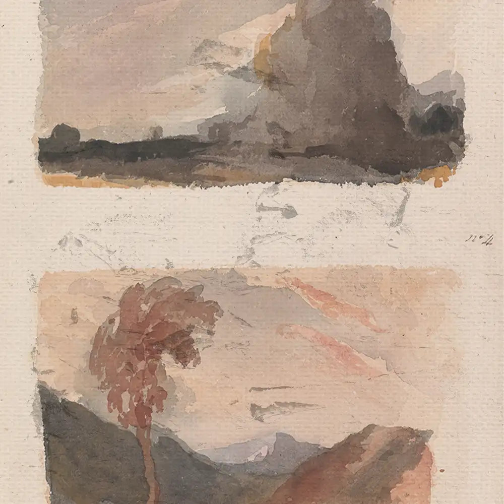 Abstract landscape painting featuring soft pastel colors, with a prominent mountain and a tree in the foreground.